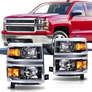 Headlight Assembly Compatible with 2014 2015 Chevy Silverado 1500 Replacement Headlamp Chrome Housing Black Trim
