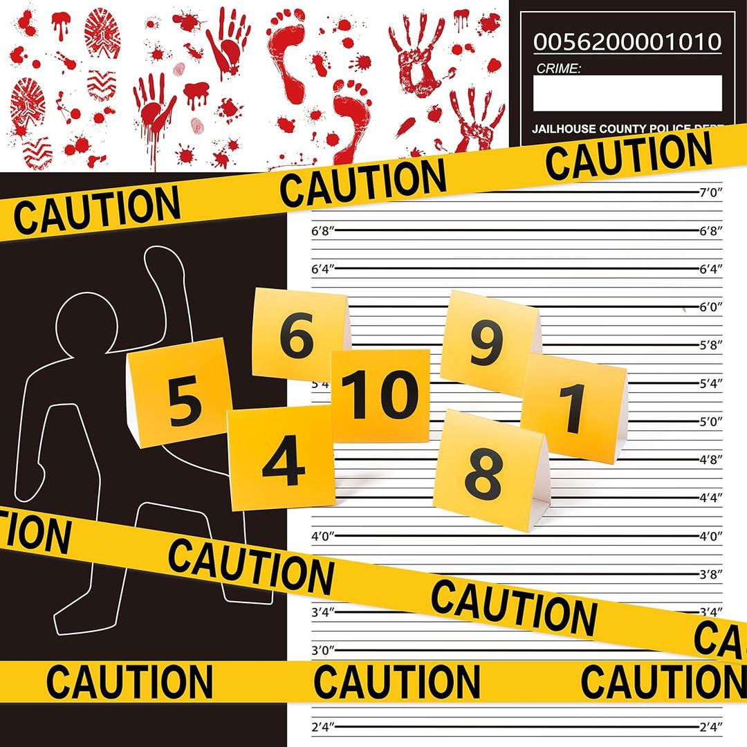 TICIAGA 29pcs Crime Scene Decors Kits, Body Silhouette Crime Scene Tape Evidence Markers and Bloody Sticker and Photo-Booth Props with Height Chart Backdrop Poster, Home for Crime Scene Party Decors (A-34 Piece)