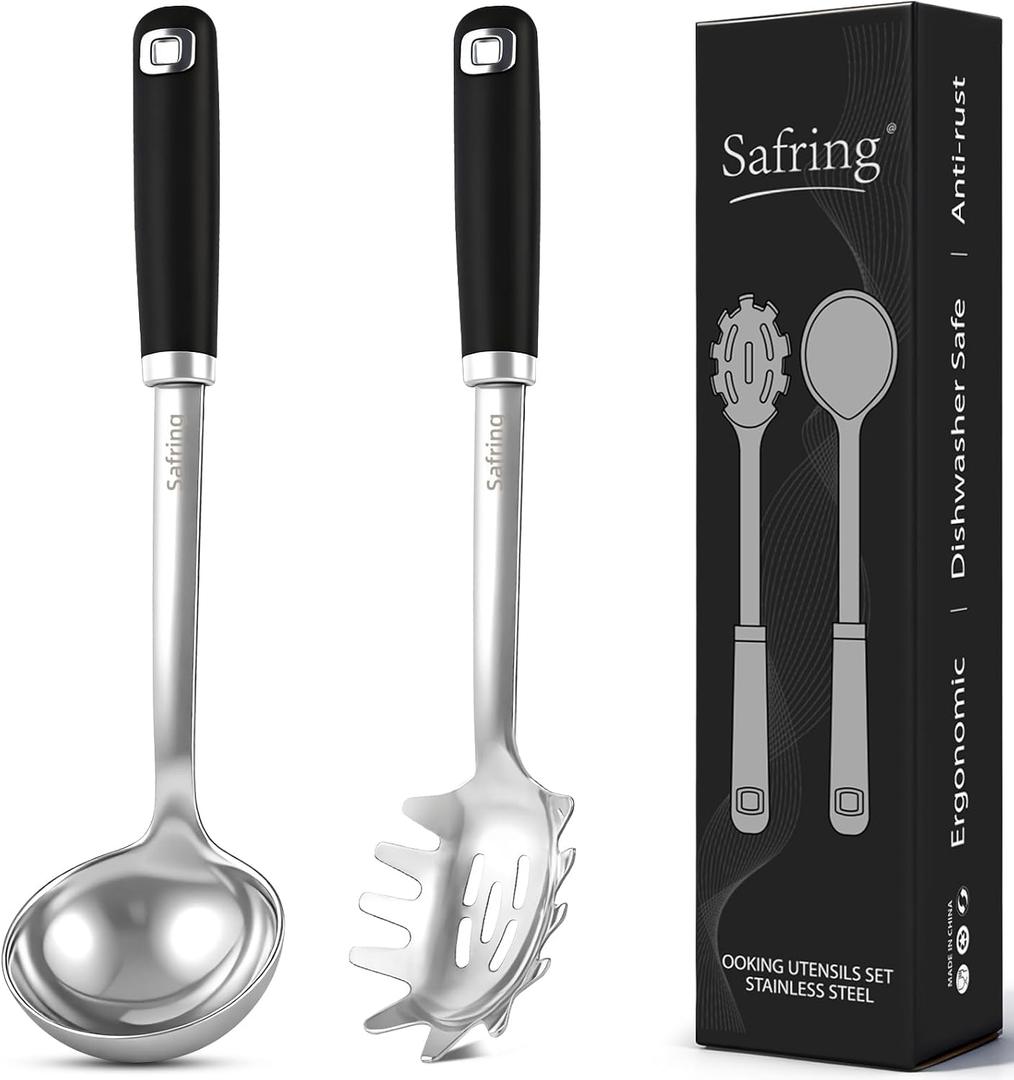 Stainless Steel Soup Ladle and Spaghetti Spoon Set, Heat Resistant Rubber Handle, Dishwasher Safe, Kitchen Utensils for Cooking, Stirring, Serving Pasta, Soup & Sauce