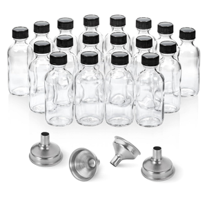 17 Pack, 2 oz Small Clear Glass Bottles w/ Lid & 4 Stainless Steel Funnels - 60ml Boston Sample Bottles - Mini Travel Essential or Decorative Bottles for Potion, Juice, Wellness, Ginger Shots, Whiskey