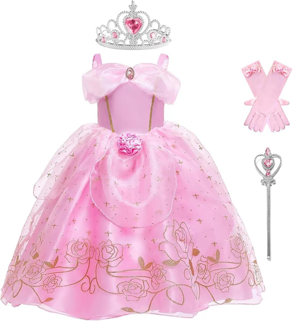 Princess Aurora Costume for Girls Birthday Party Dress Halloween Cosplay Outfit with Accessories for 3T-12 (4T-5T)