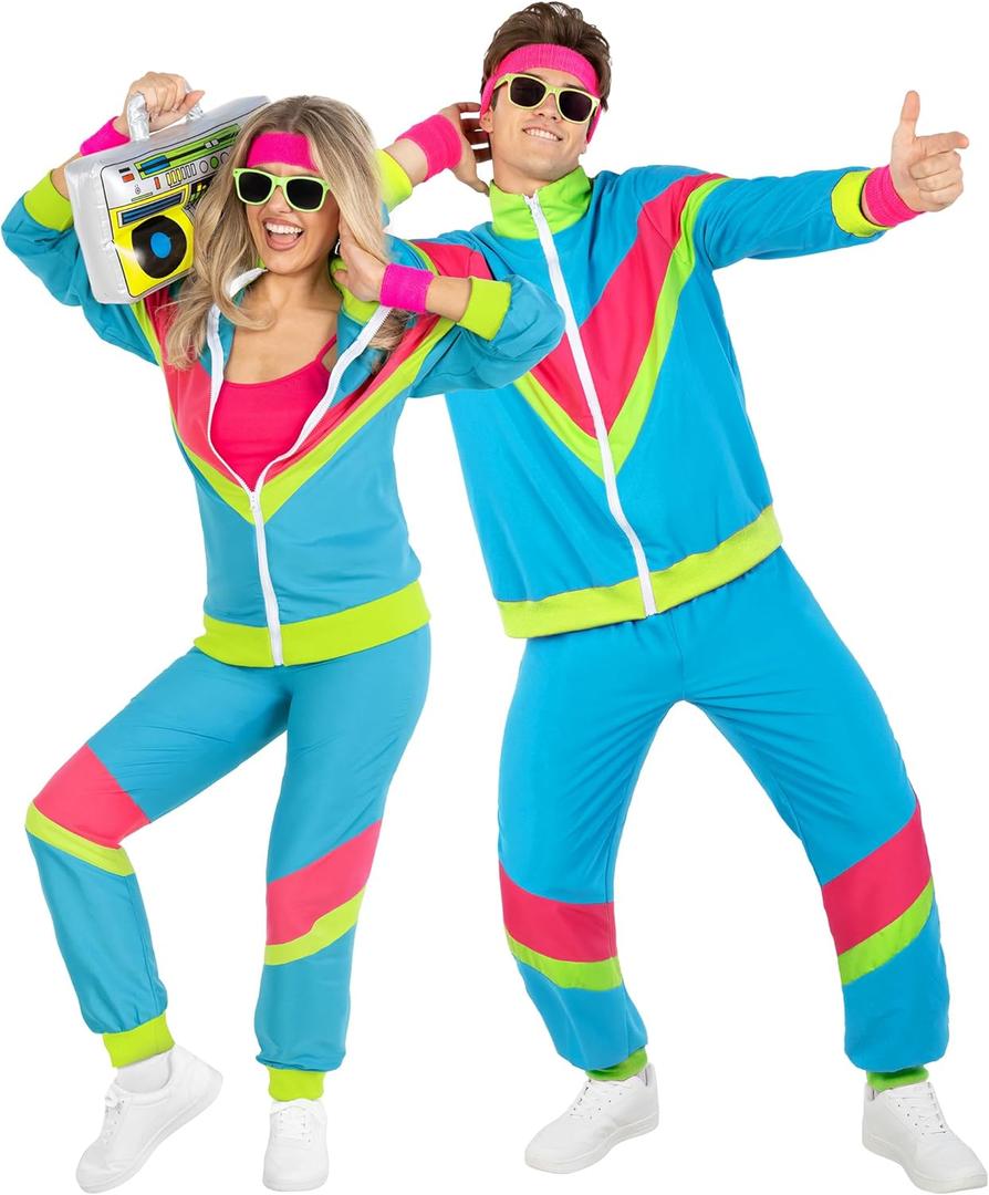 Morph Neon 80s Track Suit Mens 80s Costumes For Men, 1980s Costume For Women, Halloween Costumes For Adults Tracksuits 90s (Extra Large)