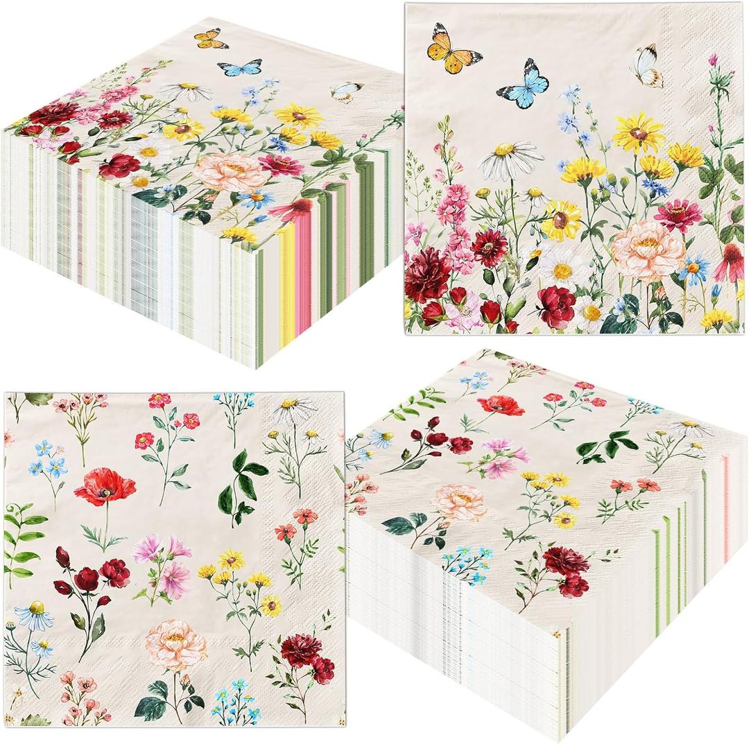 Fancy Disposable Floral and Butterfly Paper Napkins-48Pcs Vintage Wildflower Decorative Hand Napkins for Garden Party,Bridal Wedding,Tea Party,Baby Shower