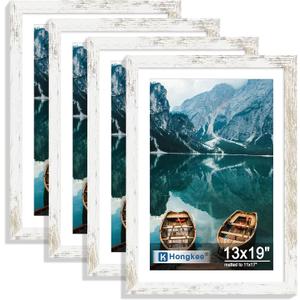 Hongkee 13x19 Picture Frame Set of 4, 13x19 Distressed White Wood,Mat 11x17, 13X19 in