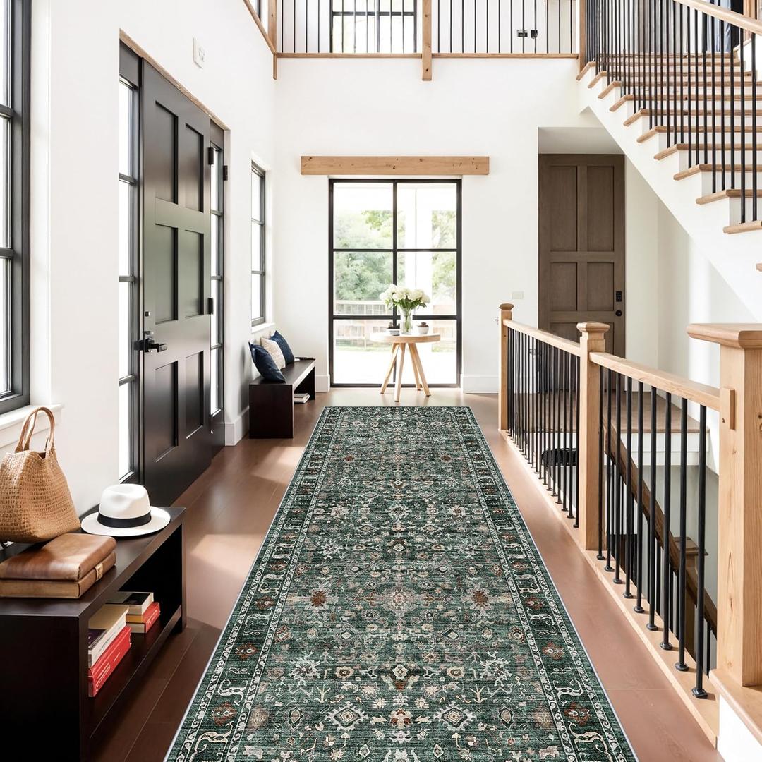 Washable Hallway Runner Rug 4x12: Green 12ft Runners for Hallways Soft Non Slip Kitchen Rugs for Bedroom Bathroom Entryway - Stain Resistant Vintage Floral Carpet (Dark Green Multi, 4X12)