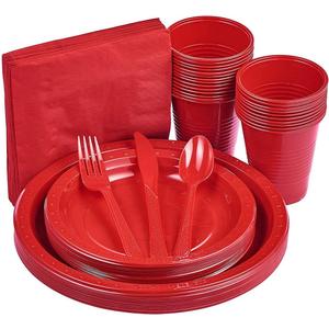 175 PCS Red Plastic Dinnerware Set Includes 50 Plates, 25 Cups, 25 Napkins, 25 Cutlery Spoons Forks & Knives, Disposable Dinnerware Set, Red Party Supplies Set