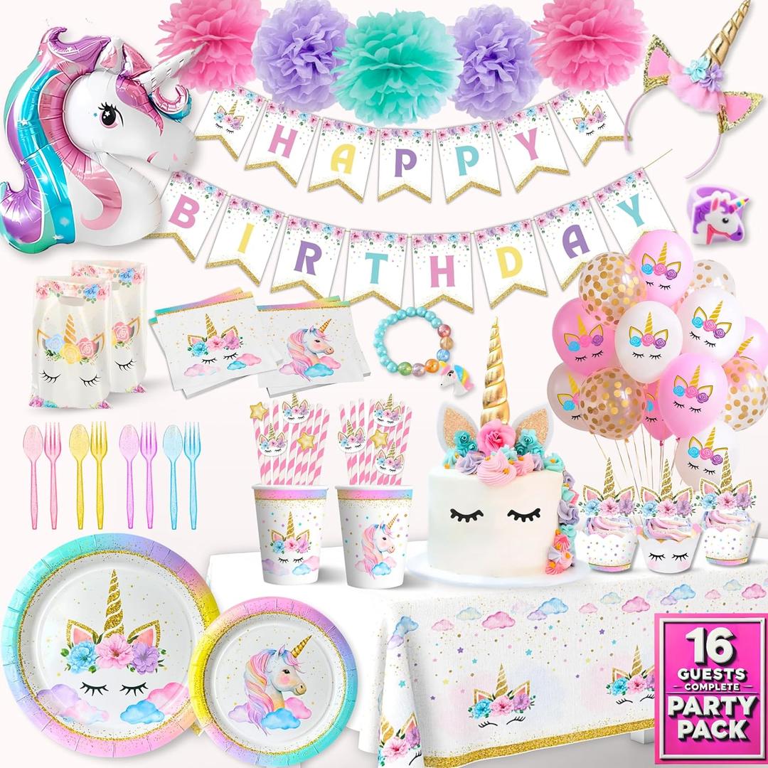 152 Pc Unicorn Birthday Decorations Set for Girls  Complete Unicorn Party Decorations Supplies Kit with Plates, Cups, Napkins, Balloons, Banner, Headband, Tablecloth  Magical Rainbow Party for Kids