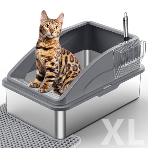 Stainless Steel Litter Box, Extra Large Litter Boxes for Big Cats, XL Metal Cat Litter Box with Lid, Anti-Urine Leakage, Non-Sticky, Include Cat Mat, Missing Scoop