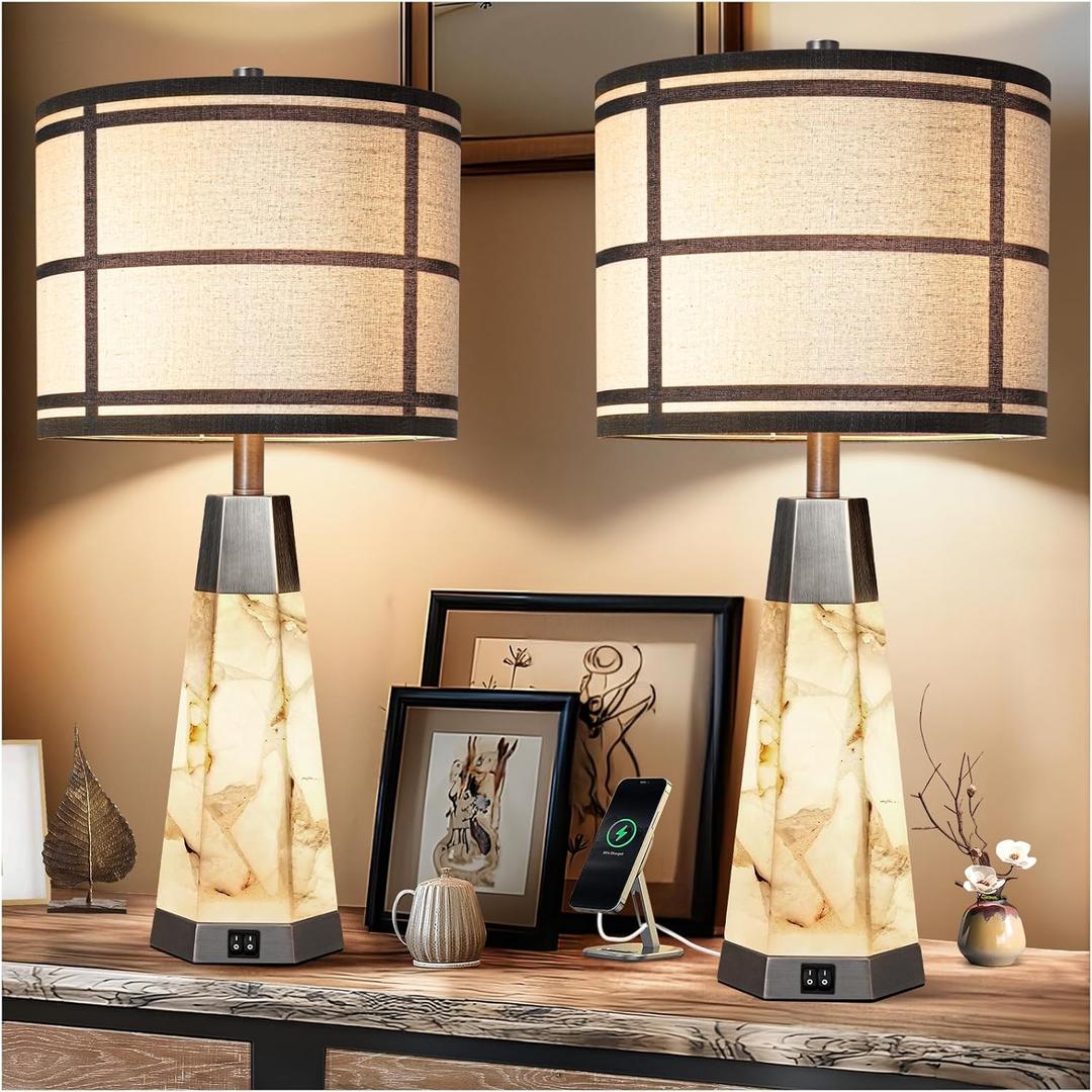27" Natural Alabaster Table Lamps for Living Room, Bedroom Lamps Set of 2 with Night Light, Living Room Lamps with USB A+C Ports, Table Lamp with Linen Shade for Bedside (Bulbs Included) (Bronze)