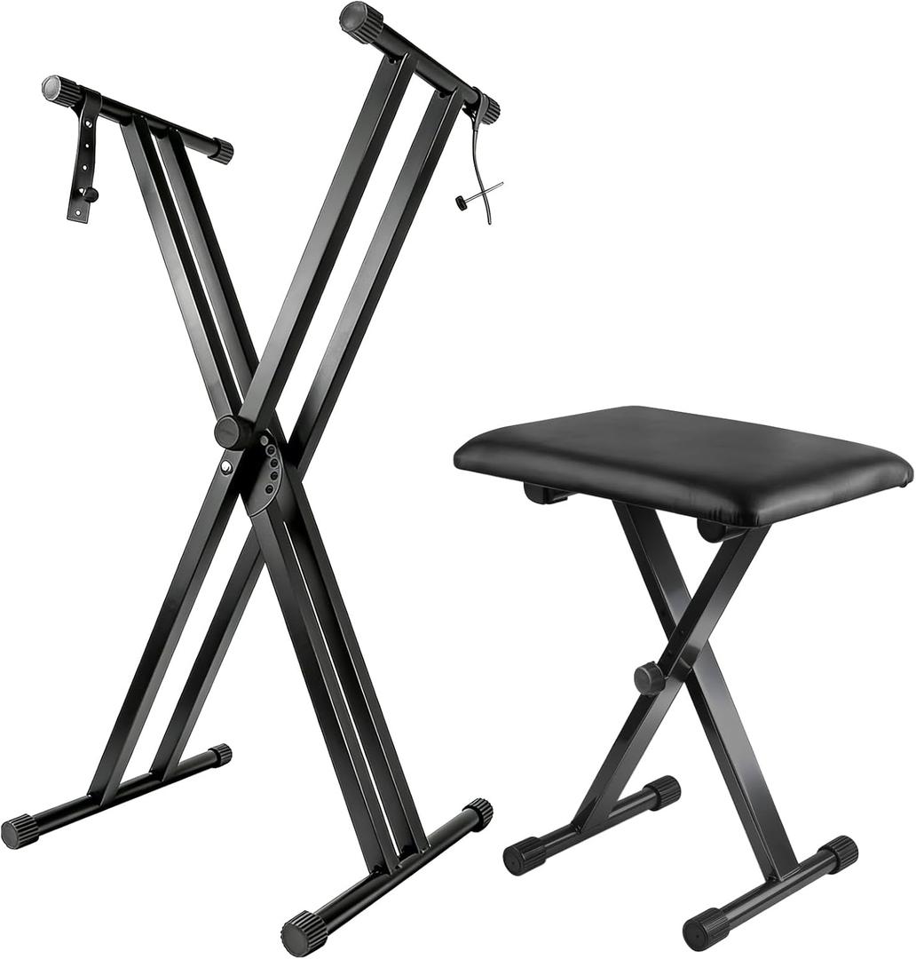 Keyboard Stand Piano Bench Set, 2026 Upgrade Heavy Duty Double X Keyboard Stand Piano Stand, Adjustable&Portable Digital Piano Stand with Locking Straps (Piano Keyboard Stand x 1, Piano Bench x 1), for 54-88 key Electric Pianos