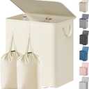 Lifewit Double Laundry Hamper with Lid and Removable Laundry Bags, Large Collapsible 2 Dividers Dirty Clothes Basket with Handles for Bedroom Laundry Room Closet Bathroom College, 136L Ivory White