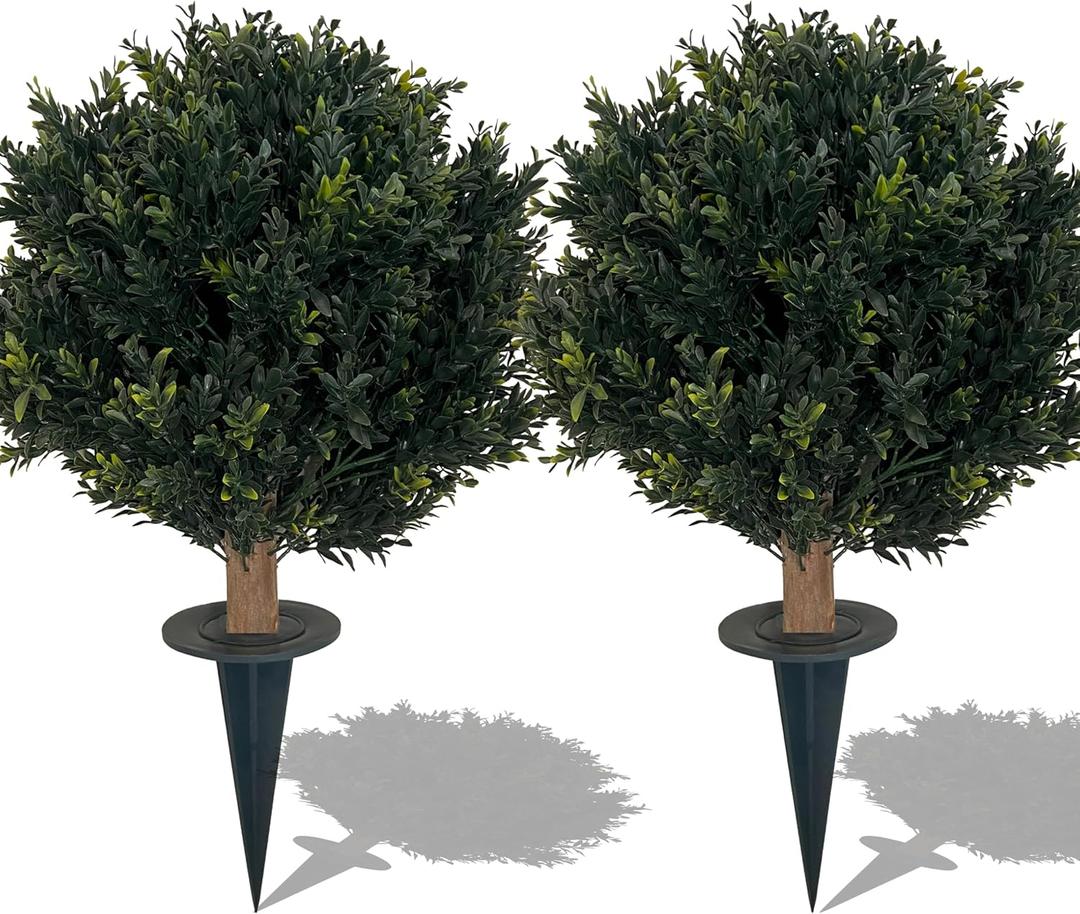 Artificial Boxwood Ball Bush 27" Tree UV Resistance Rated with Spike. Easy to Push in The Ground, Plant Looks Great in a Planter Anywhere. Indoor/Outdoor Decor 2 Pack (Green)