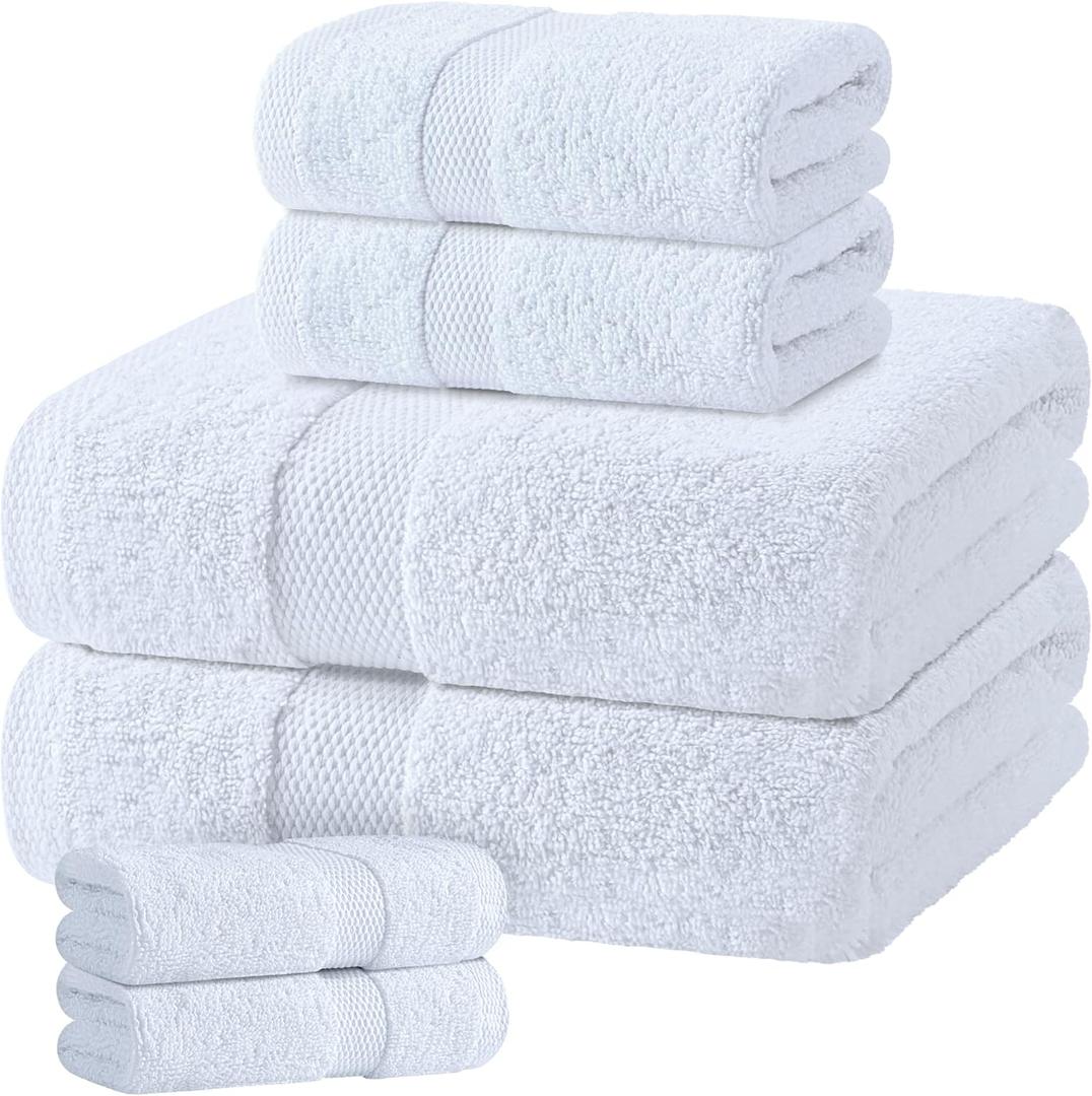 White Bath Towel Set of 6 - 100% Cotton Highly Absorbent Towels for Bathroom, 2 Luxury Bath Towels 650GSM, 2 Hand Towels, 2 Washcloths
