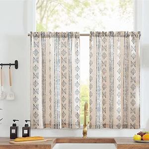 jinchan Boho Kitchen Curtains Linen Tier Curtains 24 Inches Bohemian Cafe Small Drapes Striped Mudcloth Farmhouse for Bathroom RV Camper Light Filtering Rod Pocket 2 Panels Blue on Beige