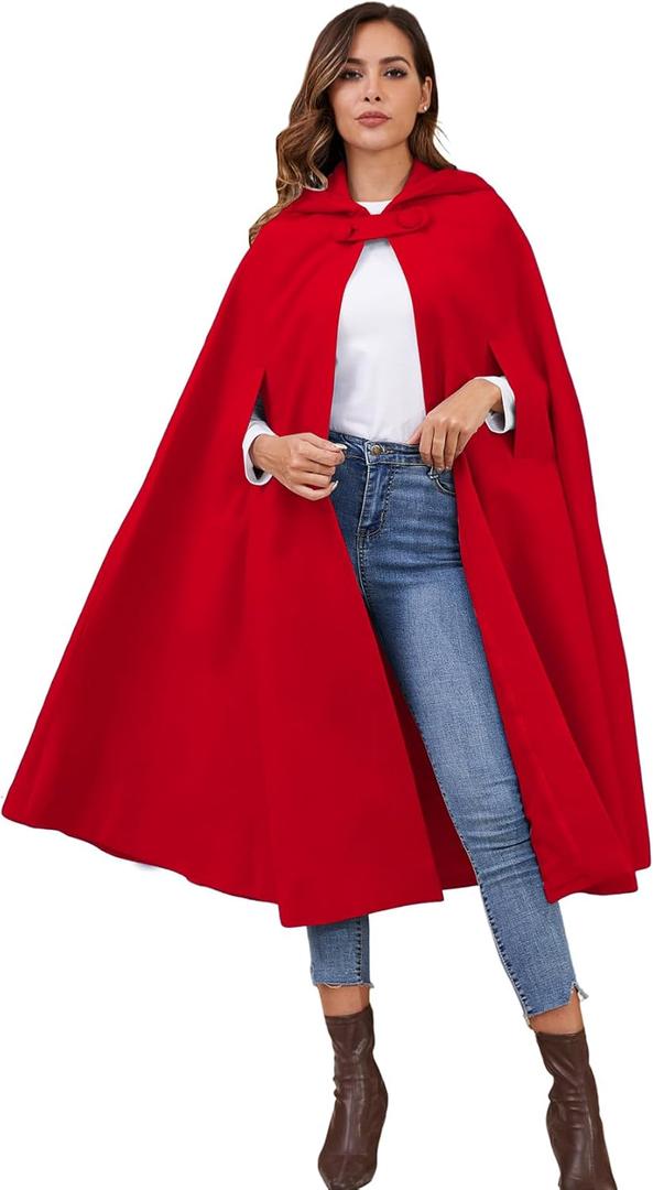 Gihuo Cape Poncho Women's Hooded Maxi Cloak Coat Winter Warm Long Cloak Cosplay Costumes Outerwear (Red)