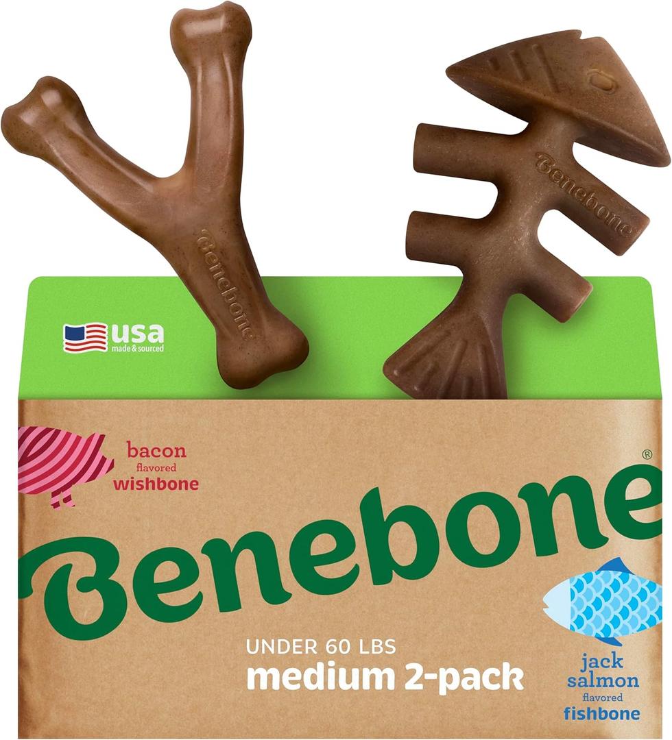 Benebone 2-pack Fishbone/Wishbone Durable Dog Chew Toys, Real Fish, Real Bacon, Made in USA, Medium