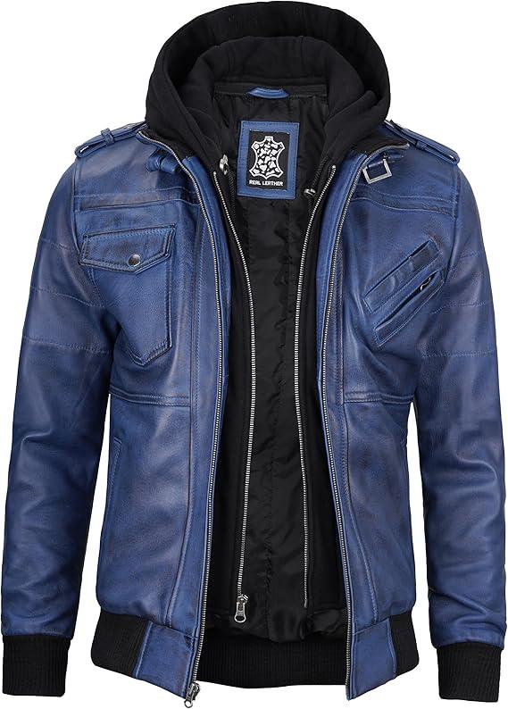 Decrum Hooded Leather Jacket Men - Real Lambksin Bomber Style Leather Jackets For Mens With Detachable Hood, Size S