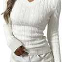 Verdusa Women's Cable Knit Sweater V Neck Long Sleeve Fitted Pullover Tops Business Casual Fall Outfits XXS