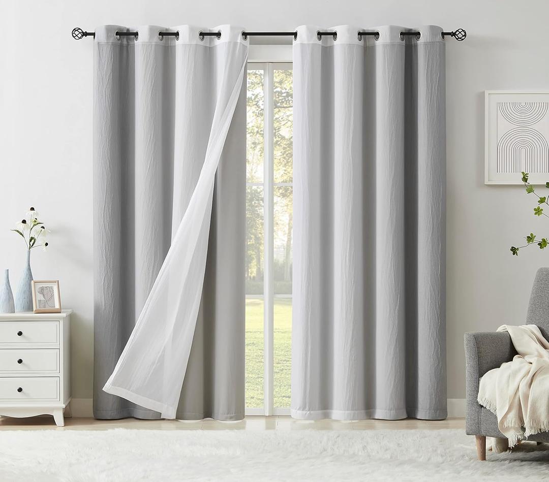 Grey Blackout Window Curtains for Kids Room 95 Inch Length Mix & Match Double Layers Grommet Curtain Panels Grey Ombre Sheers Overlay 90% Room Darkening Thermal Drapes for Patio, 52" w 4 Pieces