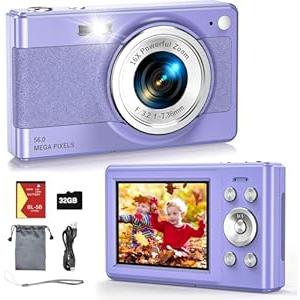 2025 New Digital Camera, 56MP FHD 1080P for Kids with 16x Digital Zoom Anti Shake, Face Detect, Smile Capture, 32GB TF Card, Battery, Lanyard, a Great Gift for Boys & Girls（Purple）