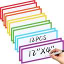 Janlaugh 12 Pcs Large Magnetic Dry Erase Labels for Classroom, 12 x 4 Inch Rectangle Magnetic Name Plates Label Flexible Magnet Stickers for Whiteboards Refrigerator(White Background+Border,Style 2)