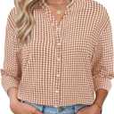 LOMON Womens 3/4 Sleeve Button Down Shirts Checkered Plaid Striped Cotton Tops V Neck Casual Loose Blouse (XXL)