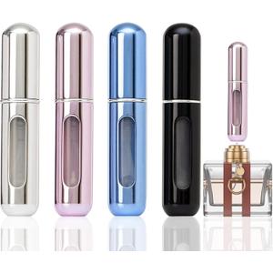 opasyo 4 Pcs Mini Perfume Atomizer Refillable Bottle, 5ml Portable Bottom Fill Scent Dispenser, Leak-Proof Cologne Travel Spray Pump for Purse & Luggage (Silver/Pink/Blue/Black)