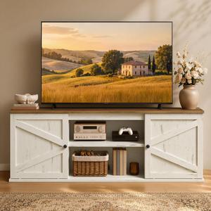 VASAGLE Farmhouse TV Stand for 80'' TV, Media Console, Sliding Barn Doors
Entertainment Center with Storage Cabinets, for Living Room, Rustic White and Honey Brown, HAINS Collection ULTV537W01