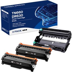 Compatible Toner Cartridge & Drum Unit Replacement for Brother TN660 TN-660 TN630 DR630 Work with HL-L2300D HL-L2360DW DCP-L2520DW MFC-L2700DW MFC-L2740DW Printer (Black, 3 Pack) (660-3bk)