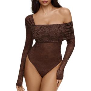 REORIA Sexy Lace Bodysuit One Shoulder Bodysuit Long Sleeve Bodysuits for Women Going Out Y2K Clothes 2025, M