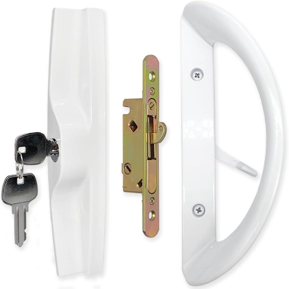 Patio Sliding Door Handle Set with Mortise Lock and Key Cylinder, Full Replacement Sliding Door Handle Lock Set Fits Door Thickness from 1-1/2" to 1-3/4", 3-15/16" Screw Hole Spacing, Keyed, White (with Key)