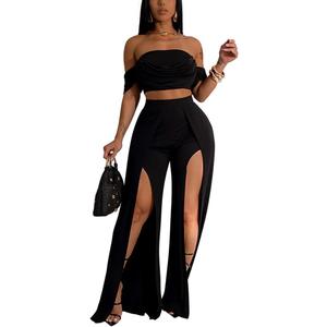 WOKANSE Women's Elegant 2 Piece Outfits Summer Off Shoulder Tube Crop Top and High Waist Split Wide Leg Pants Sets (Large, Black)