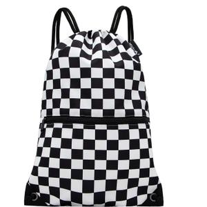 HOLYLUCK Drawstring Backpack Bag Sport Gym Sackpack (Black and White Grid)