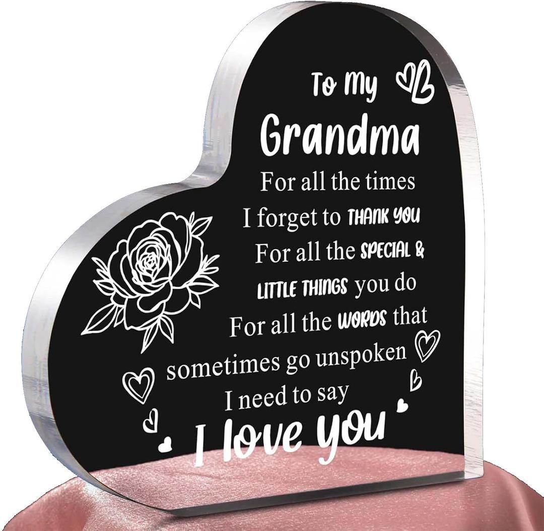 Gifts for Grandma from Grandkids, Best Birthday, Mothers Day Christmas Presents Ideas Heart Shaped Acrylic Block For Grandmother (4.7x4.7x0.6in)