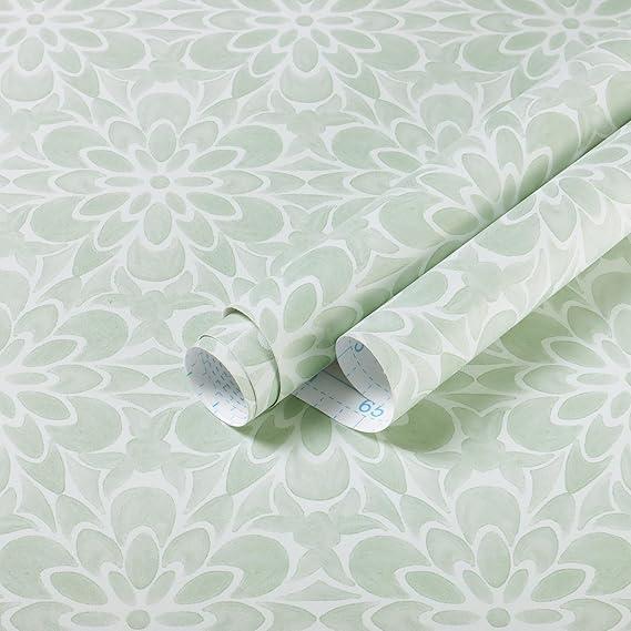 EeeComing Contact Paper Floral Peel and Stick Wallpaper Boho Floral Contact Paper Waterproof White and Green Removable Wallpaper for Walls Vinyl Roll 78.7x16.14inches
 Set of 2
