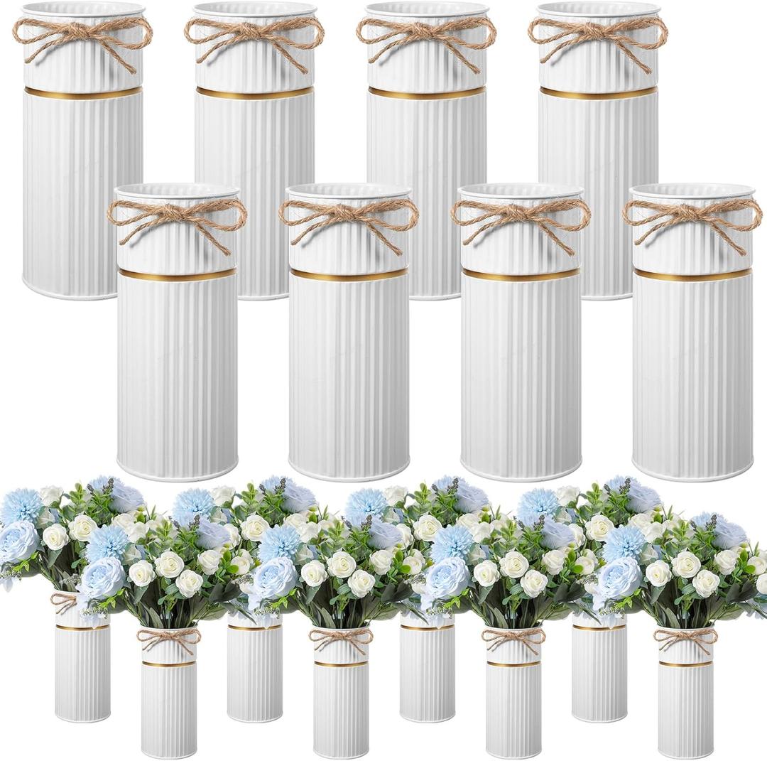Mimorou 8 Pcs 7.48 Inch Wedding Vases for Centerpieces Mason Jars with Twine Bow Galvanized Metal Flower Vase Rustic Vintage Farmhouse Tin Bucket for Wedding Home Table (White)