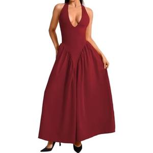 ChiaoLezhee Deep V Neck Dress, Halter Maxi Dresses, Vacation Date Night, Sexy for Women Corset Flowy Wedding Guest Drop Waist Bridesmaid A Line Valentines, Burgundy Red, Medium
