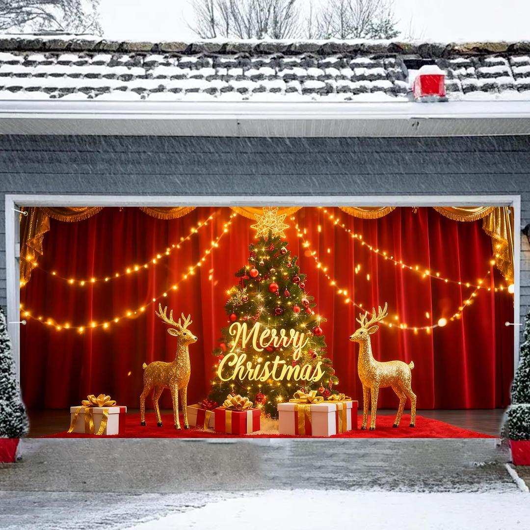 6x13FT Merry Christmas Garage Door Banner Xmas Santa Claus Snowman Elk Aurora Christmas Decorations 71"x157" Garage Door Cover Decoration for Christmas Party (06)