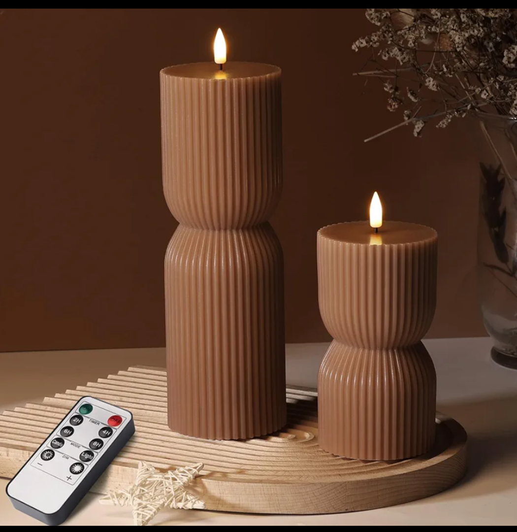 Warm Brown Ribbed Flameless Pillar Candles with Remote, Real Wax Flickering Battery LED Candles Christmas Decor Gift Set of 2