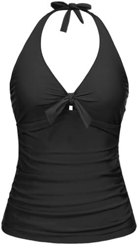 Women Halter Tankini Swim Top - Tummy Control Swimsuit Bathing Suit Top Front Tie Knot Swim Top Only 2025 Black, L