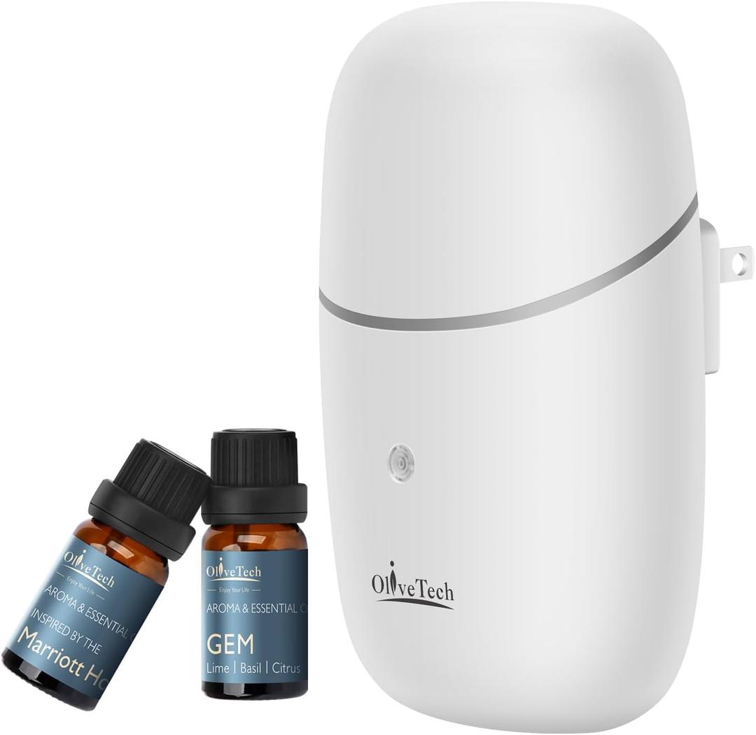 Plug in Waterless Diffuser, OliveTech Cold Air Scent Diffuser, Hotel Collection Aromatherapy Fragrance Diffuser for Home & Office, Includes 2x10ml Essential Oils