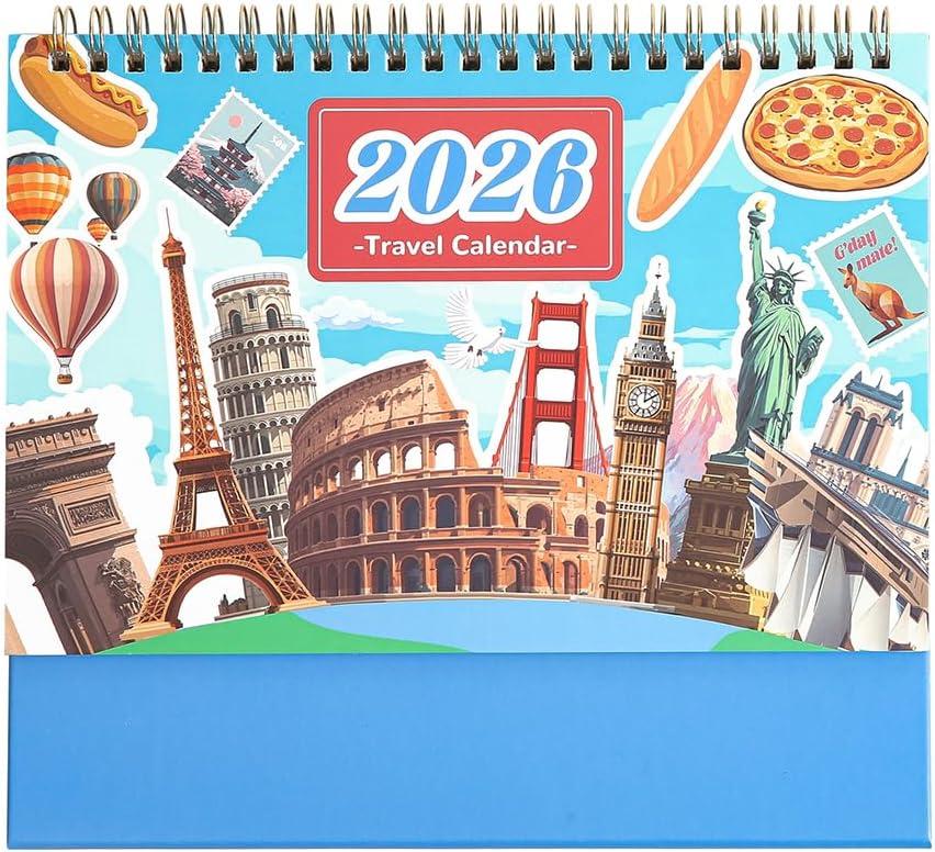 2026 Calendar-Desk Calendars January-December Double Wire Flip-Up Desk Calendars - Monthly & Weekly Planner with Sticker Set, Featuring Famous World Travel Destinations for Vacation Inspiration for Home School, or Office (Blue)