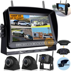 Wireless Backup Camera for RV Truck Trailer Camper Bus 5th Wheel 3 Rear/Side View Cameras 1080P 4-Split 7" Screen with Adapter for Furrion Pre-Wired Night Vision IP69 Waterproof 170 Wide View Angle