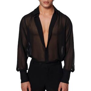 Men's Mesh Sheer See Through Long Sleeve Rave Disco Outfit Collar Button Front Party Shirt Tops size Small