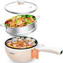 Dezin Hot Pot Electric with Steamer Upgraded, Non-Stick Saut Pan, Rapid Noodles Electric Pot, 1.5L Mini Pot for Steak, Egg, Fried Rice, Ramen, Oatmeal, Soup with Power Adjustment (Beige 2)