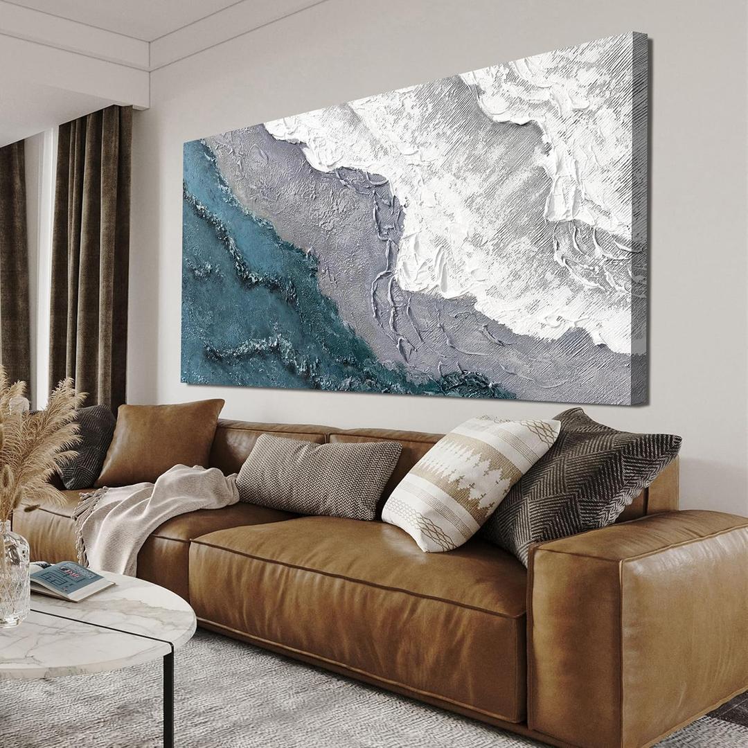 Abstract Wall Art Decor Modern Blue White Wall Art Prints Abstract Canvas Art Wall Decor Coastal Minimalist Wall Art Decorations Canvas Wave Artwork for Walls Bedroom Office Wall Art Decor 20" X 40"