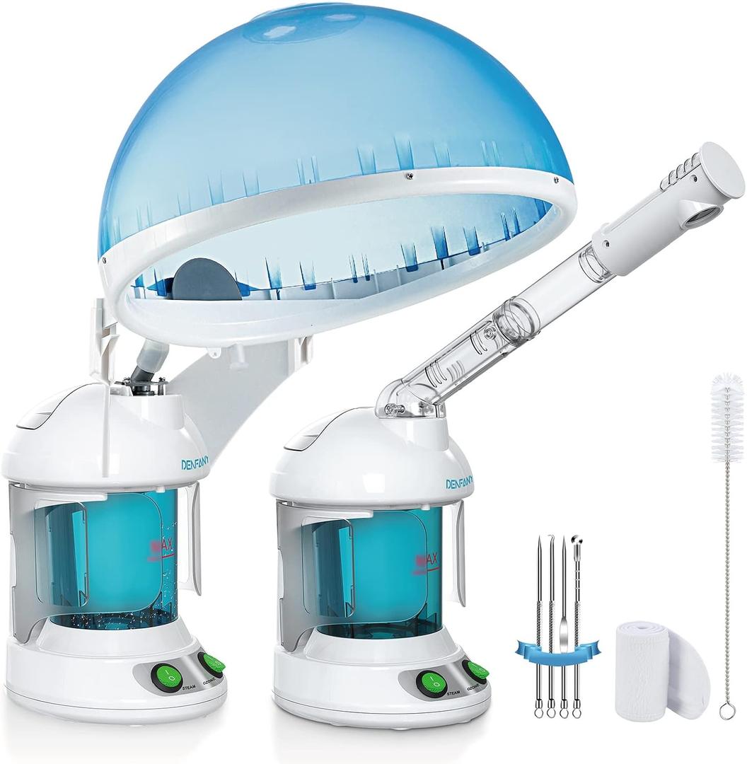 DENFANY Hair Steamer Facial Steamer 2 in 1 Nano Ionic Steam for Deep Hydration, Adjustable Arm, Easy-Clean Wide Mouth Tank, Home & Salon Use