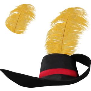 Kids Puss Cosplay Tricorn Hat Colonial Style Cowboy Costume Hat with Yellow Feather for Halloween Party, (Adults)