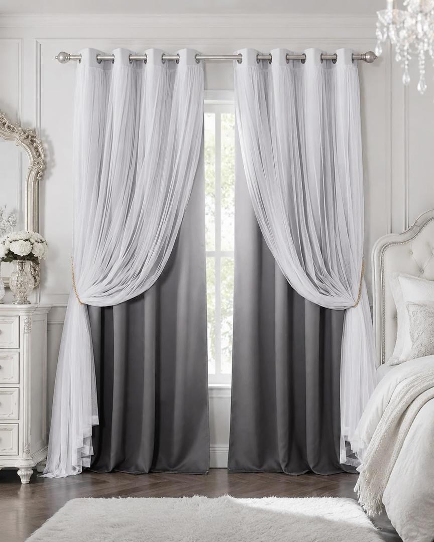 Grey Double Layer Blackout Curtains with White Sheer 84 Inches Long for Girls Room, Elegant Black Out Ombre Drapes for Bedroom/Living Room/Nursery, 2 Panels with 4 Tiebacks, 52" W x 4" L