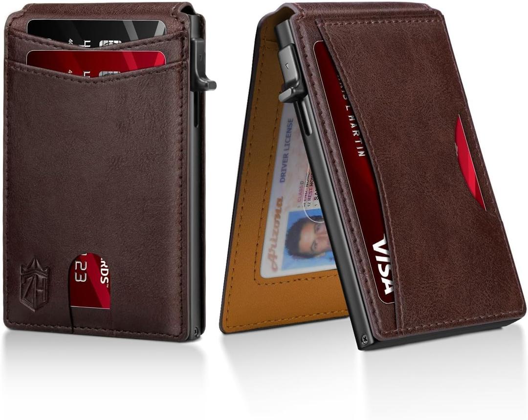 Zitahli Card Holder Wallet for Men, RFID Blocking Slim Wallet with ID window,Pop Up Metal credit card holder, Bifold Minimalist Wallet idea gifts for men (06-Coffee with yellowish-Brown)